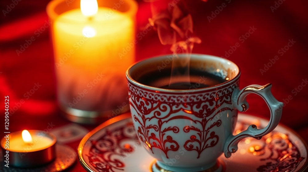 Fototapeta premium A richly detailed close-up photograph depicts an intricately decorated white ceramic cup and saucer, adorned with subtle gold accents, overflowing with dark brown Turkish coffee. The crimson red back