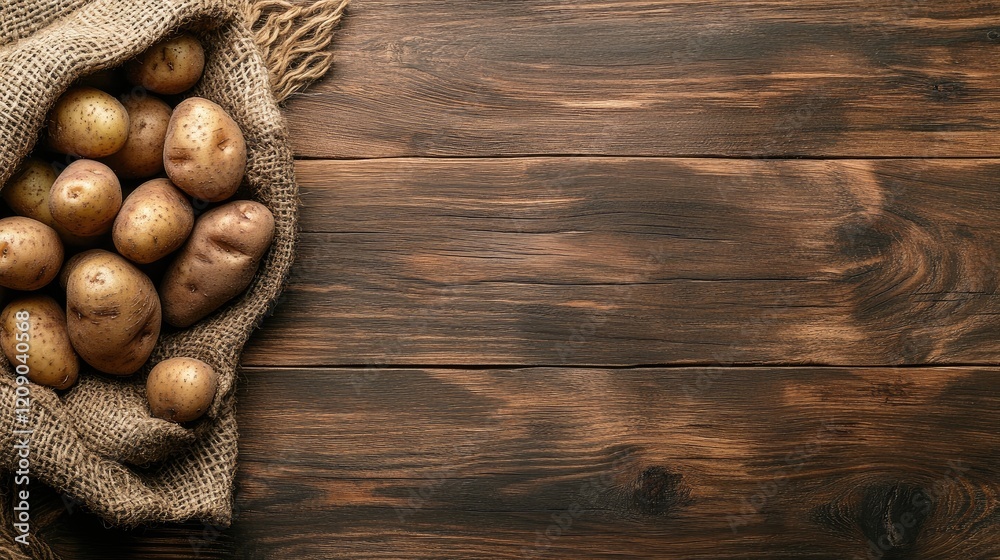 Freshly harvested potatoes in a rustic burlap sack arranged on a wooden background with ample space for text and design elements. Freshly harvested potatoes in a rustic burlap sack arranged on a wooden background with ample space for text and design elements.