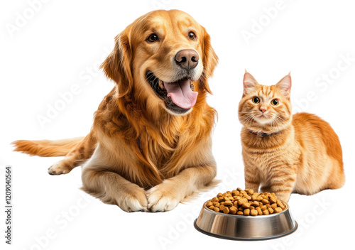 PNG Golden retriever dog and an orange cat pets feeding animal.