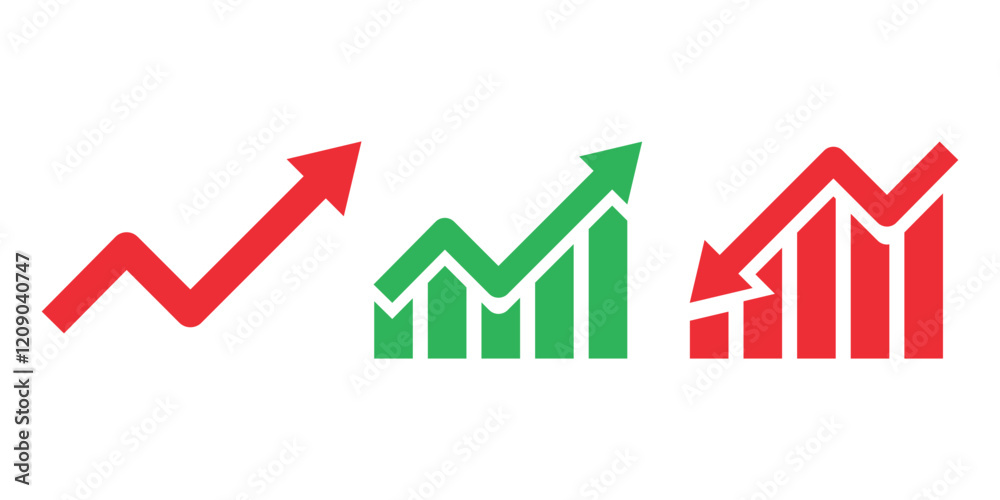 Set of graphs arrows development, decline of business, situation. Vector illustration icons isolated on white background.