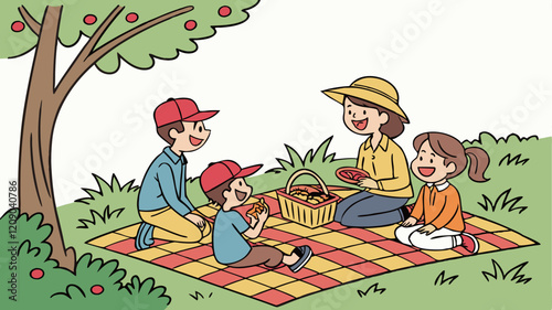 Family having a picnic, spring material, vector illustration