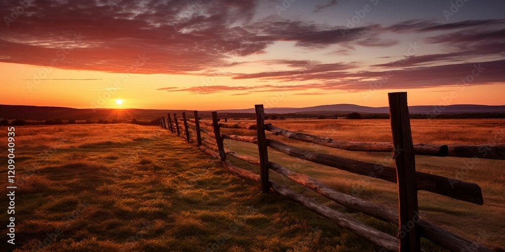 Peaceful and Serene Image of a Wooden Fence in a Rural Setting at Sunset Peaceful and Serene Image of a Wooden Fence in a Rural Setting at Sunset