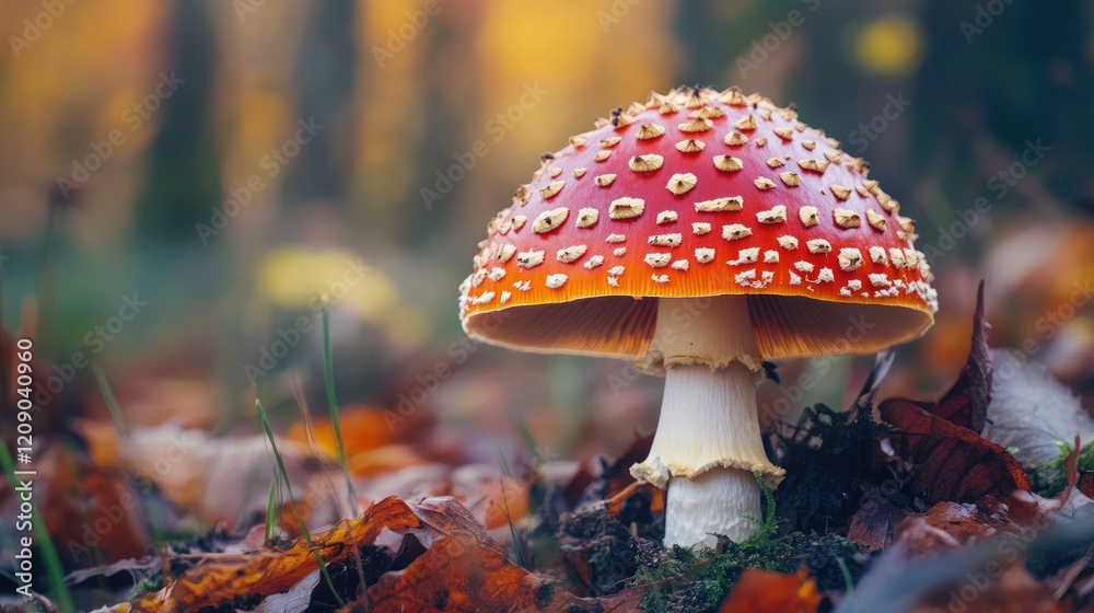 Vibrant red amanita mushroom amidst autumn foliage in a forest setting highlighting its distinctive features and natural beauty. Vibrant red amanita mushroom amidst autumn foliage in a forest setting highlighting its distinctive features and natural beauty.