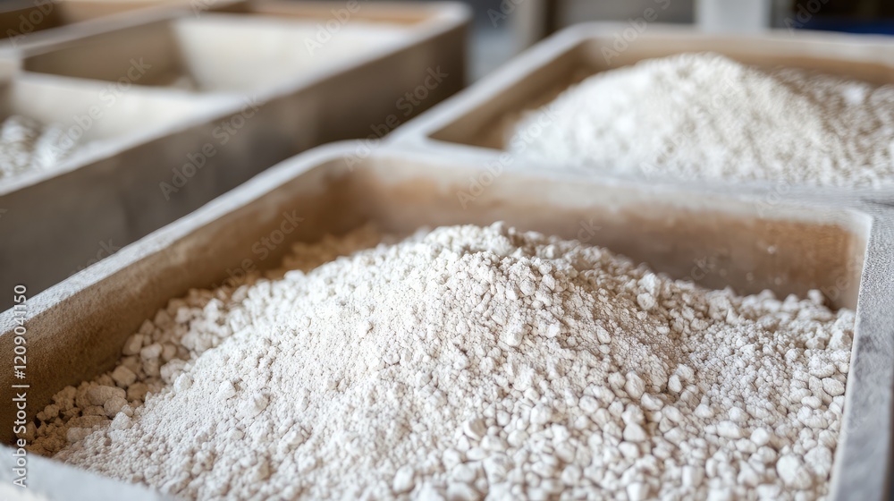 Granular white limestone clinkers in wooden trays, designed for cement manufacturing process, with a focus on texture and composition. Granular white limestone clinkers in wooden trays, designed for cement manufacturing process, with a focus on texture and composition.