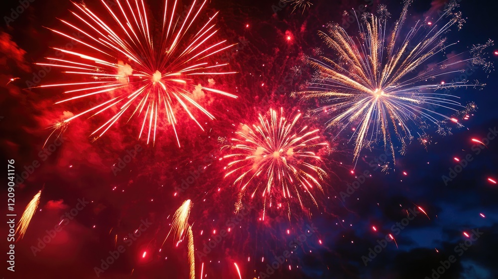 Vibrant Red and Blue Fireworks Display Illuminating the Night Sky in a Spectacular Celebration Vibrant Red and Blue Fireworks Display Illuminating the Night Sky in a Spectacular Celebration