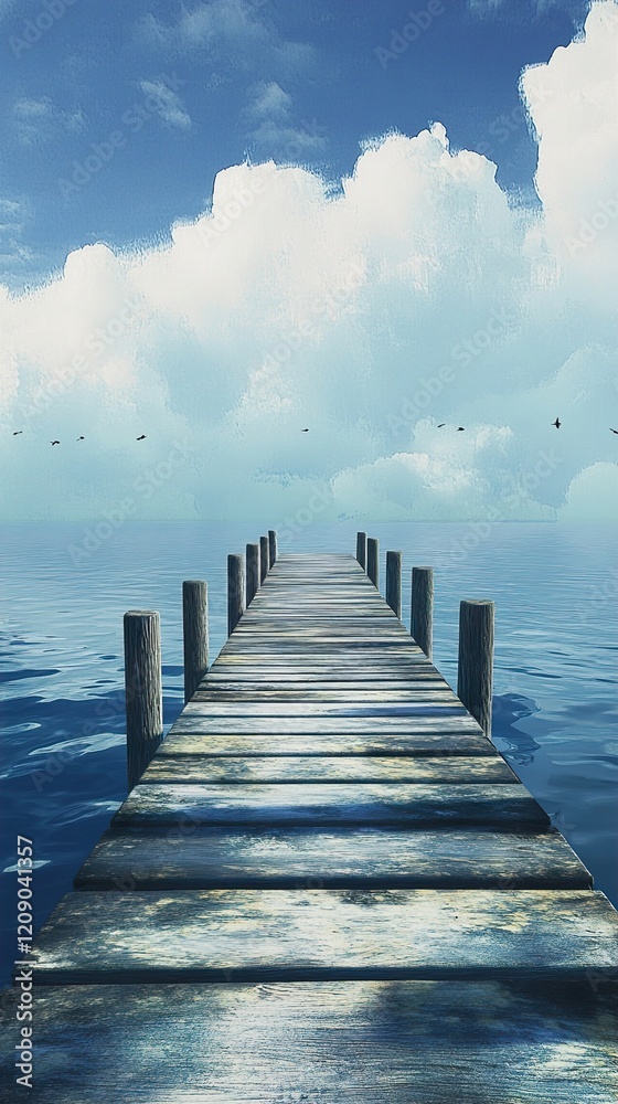 Serene Wooden Dock Extending into a Calm Ocean under a Blue Sky Serene Wooden Dock Extending into a Calm Ocean under a Blue Sky