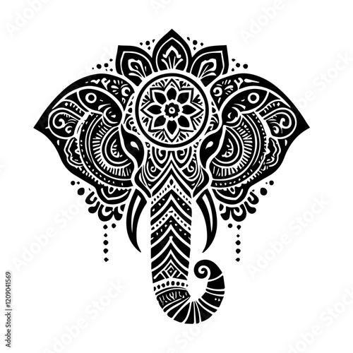 Ornate Elephant Mandala: An intricate and captivating black and white mandala design depicting an elephant's head adorned with elaborate floral and geometric patterns.