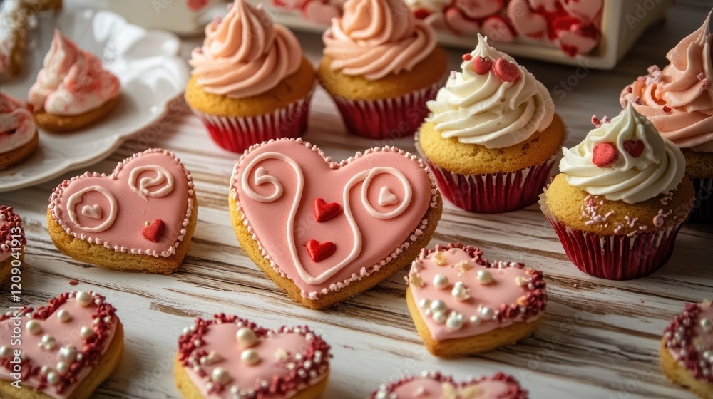 A Valentine's Day-themed dessert table with heart-shaped cookies and cupcakes. A Valentine's Day-themed dessert table with heart-shaped cookies and cupcakes.