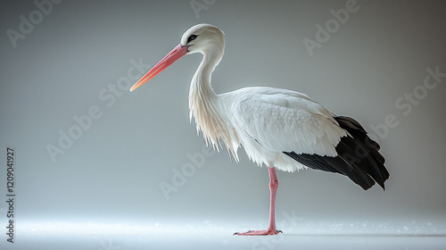 A white stork with black wingtips stands on a light gray background.  Its long, orange beak is prominent.