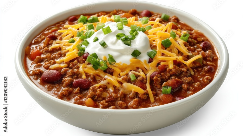 A bowl of hearty chili topped with shredded cheese, sour cream, and chopped green onions A bowl of hearty chili topped with shredded cheese, sour cream, and chopped green onions