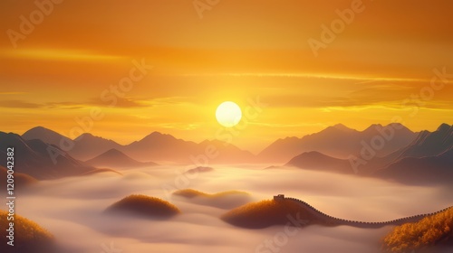 A serene sunrise over the Great Wall of China, with fog rolling over the mountains. photo