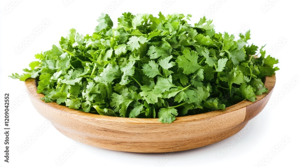 Fresh coriander leaves in a wooden bowl on a white background showcasing vibrant green color and natural texture for culinary use Fresh coriander leaves in a wooden bowl on a white background showcasing vibrant green color and natural texture for culinary use
