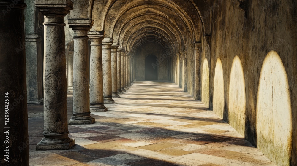 Historic corridor with arches and pillars casting shadows in an ancient stone structure illuminated by soft natural light Historic corridor with arches and pillars casting shadows in an ancient stone structure illuminated by soft natural light