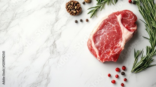 Raw veal steak on a white marble surface surrounded by rosemary, walnuts, and assorted peppercorns in natural light.
