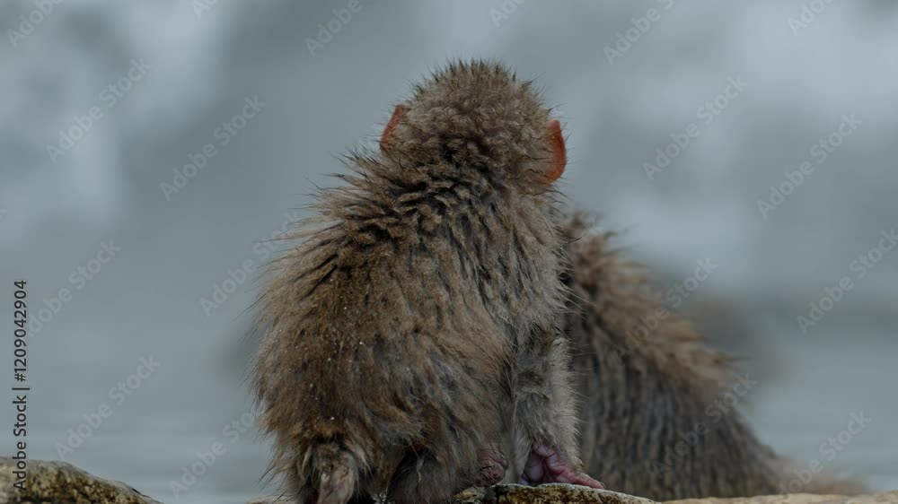 A playful baby snow monkey frolics outside the famous Jigokudani Onsen in Yamanouchi, Japan. A playful baby snow monkey frolics outside the famous Jigokudani Onsen in Yamanouchi, Japan.