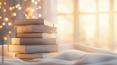 A stack of hardcover books in a cozy reading nook, with soft lighting and a warm ambiance.