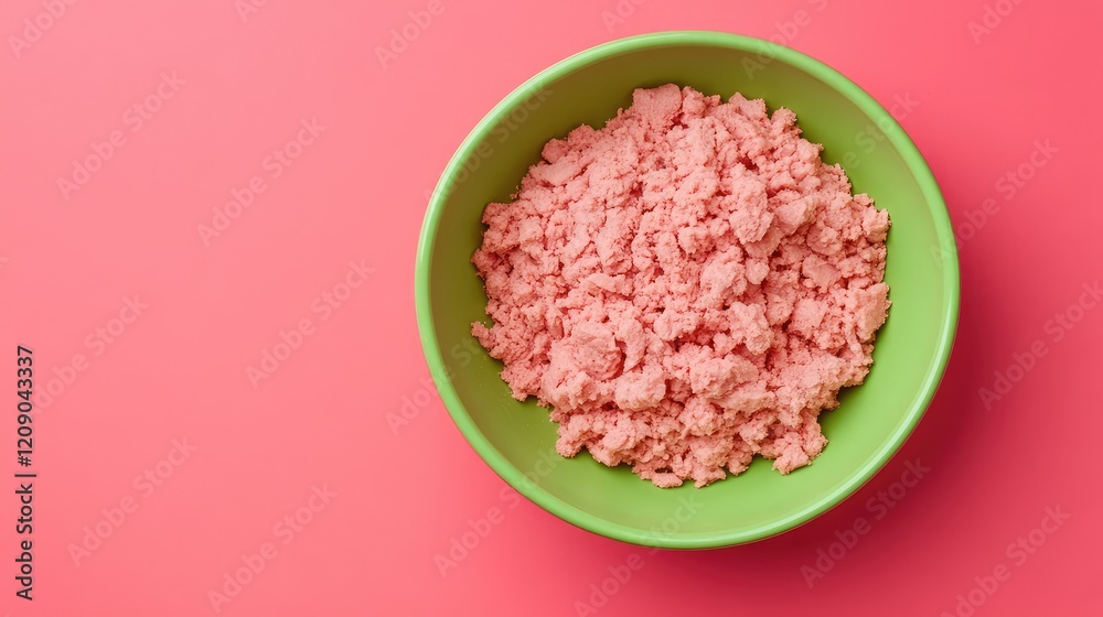 View from Above of Light Pink Ground Meat in a Green Bowl on a Pink Surface View from Above of Light Pink Ground Meat in a Green Bowl on a Pink Surface