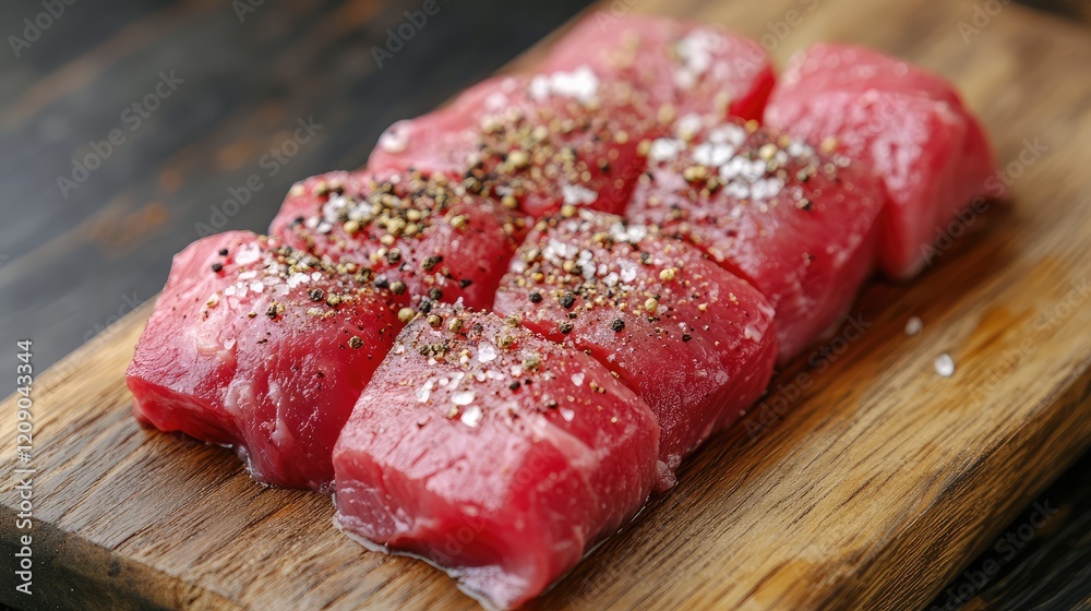 Marbled beef tenderloin cubes seasoned with black pepper and sea salt on a rustic wooden cutting board ready for grilling in warm tones Marbled beef tenderloin cubes seasoned with black pepper and sea salt on a rustic wooden cutting board ready for grilling in warm tones