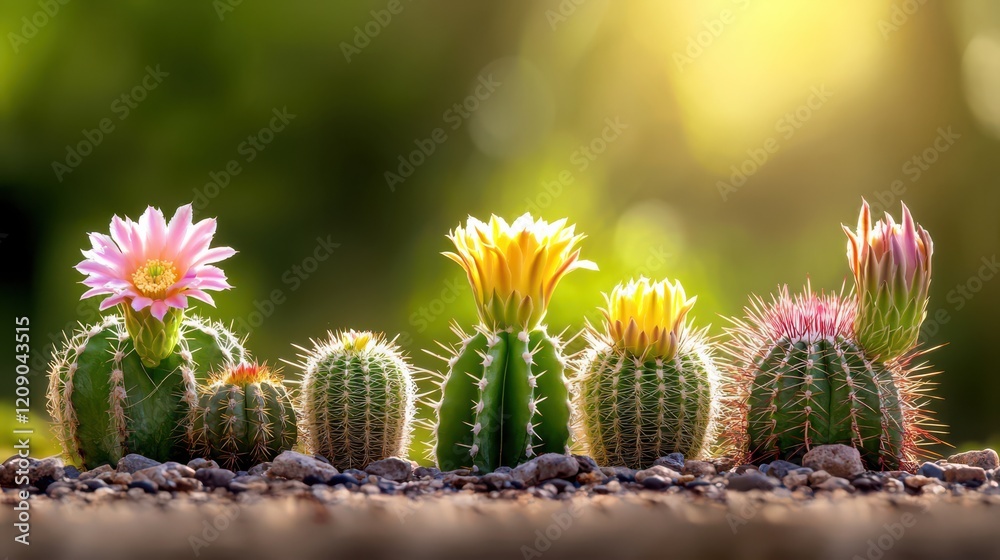A variety of cacti in a garden setting, each with unique shapes, spines, and blooming flowers. A variety of cacti in a garden setting, each with unique shapes, spines, and blooming flowers.