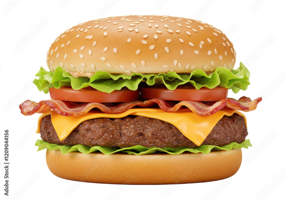 Juicy bacon cheeseburger with lettuce, tomato, crispy bacon, and sesame seed bun, isolated on white background Juicy bacon cheeseburger with lettuce, tomato, crispy bacon, and sesame seed bun, isolated on white background