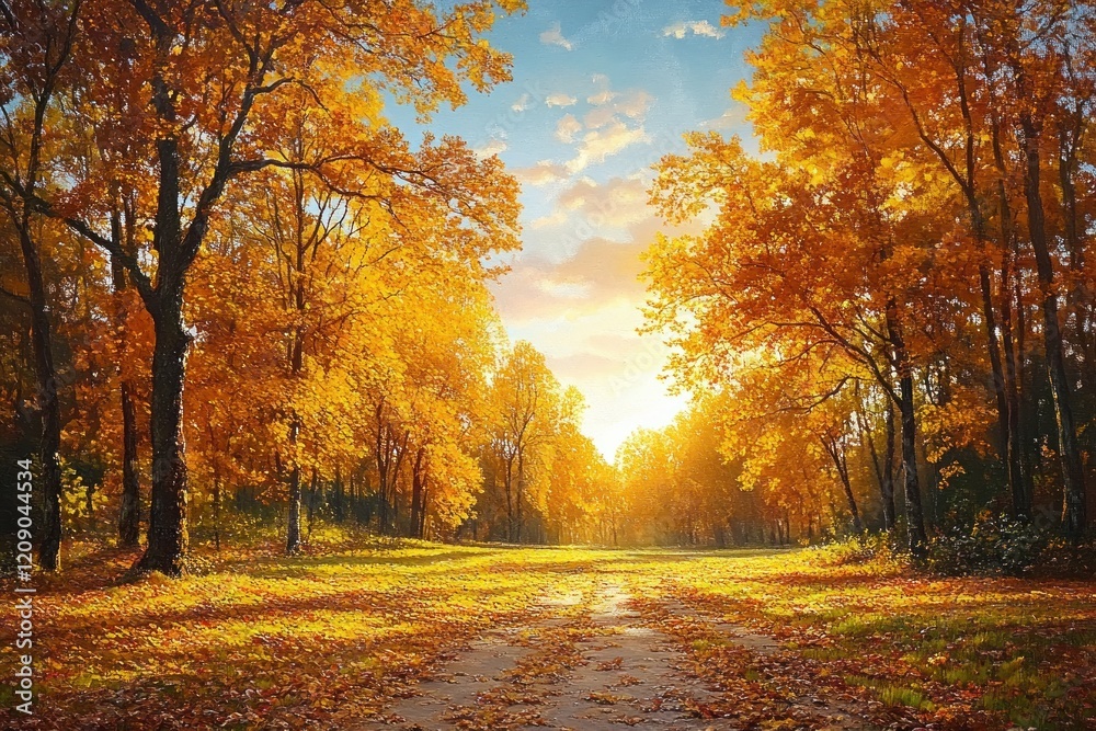 Naklejka premium Autumn landscape with golden orange leaves on grass in sunny park with sunlight streaming through trees