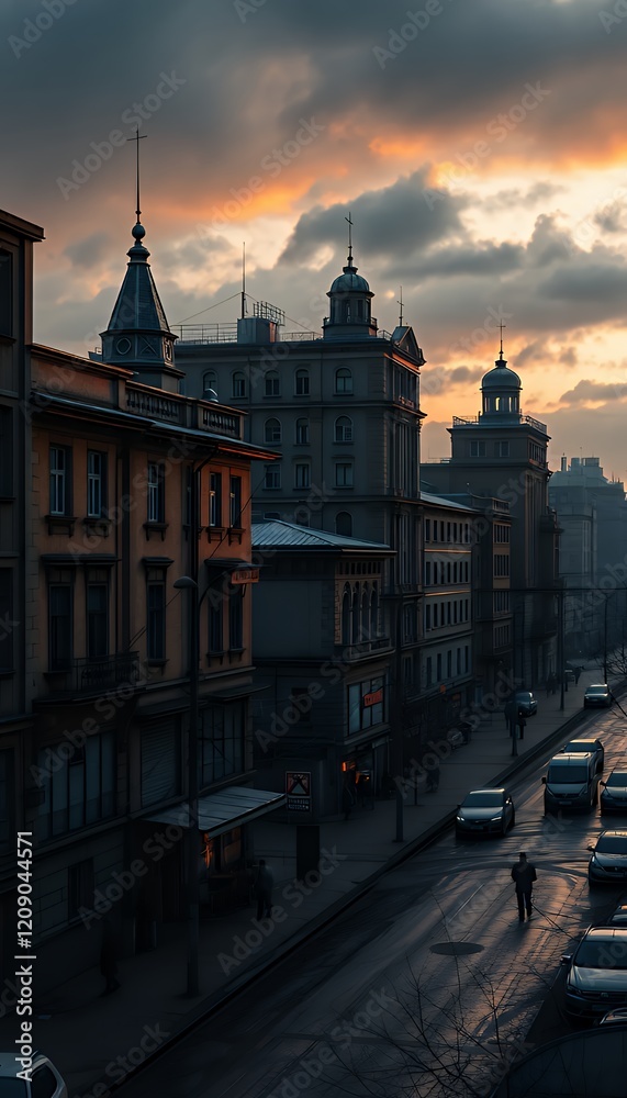 Fototapeta premium A captivating cityscape at sunset, showcasing a long street with buildings and cars, creating a dramatic and atmospheric urban scene. The image captures the cold and wintery ambiance of a city, with a