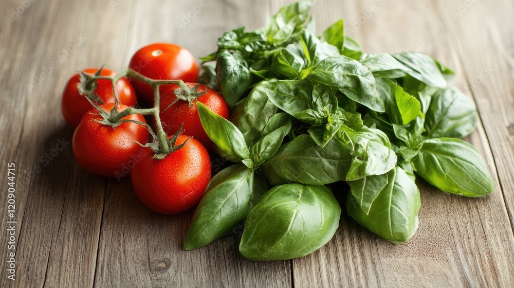 Fresh tomatoes and aromatic basil leaves on rustic wooden table for culinary inspiration and healthy cooking concepts Fresh tomatoes and aromatic basil leaves on rustic wooden table for culinary inspiration and healthy cooking concepts