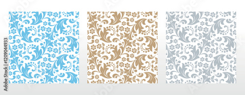 Wallpapers seamless vector backgrounds. Set of colored floral ornaments. Graphic patterns for fabric, wallpaper, packaging. Ornate Damask flower ornaments