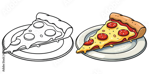 Cheesy Pizza Line Art Vector Illustration Black and White with Coloring Sample. Bold and Easy Food, Fruits, Sweets, Drinks, Dessert, and Snacks Coloring Pages for Adults and Kids