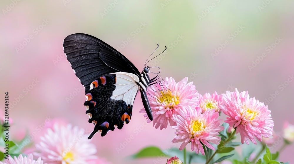 Black and white butterfly on pink flowers, garden, nature, pollination, spring Black and white butterfly on pink flowers, garden, nature, pollination, spring