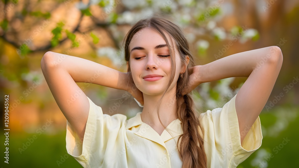 Young Woman Smiling Joyfully in a Blossoming Spring Garden Scene

