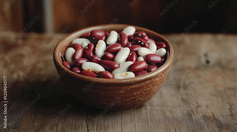 Raw red and white kidney beans in a rustic brown bowl on a weathered wooden table, emphasizing nutrition and healthy eating. Raw red and white kidney beans in a rustic brown bowl on a weathered wooden table, emphasizing nutrition and healthy eating.