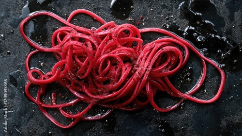 Creative display of vibrant red spaghetti strands with a textured black background, emphasizing the richness and allure of culinary art. photo