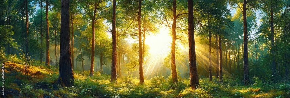 Obraz premium Sunlit Oak Tree Foliage in Serene Forest Landscape at Sunrise with Vibrant Green Leaves