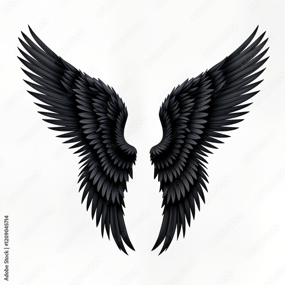 Obraz premium Pair of large black wings spread wide against white background. Realistic detailed design. Dark elegance, powerful wings. Suggests themes of freedom, fantasy, perhaps duality. Perfect for art,