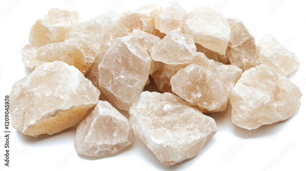 Close up of raw quartz mineral stones in soft beige and transparent colors, isolated on white background, highlighting semi-precious stone characteristics for healing. Close up of raw quartz mineral stones in soft beige and transparent colors, isolated on white background, highlighting semi-precious stone characteristics for healing.
