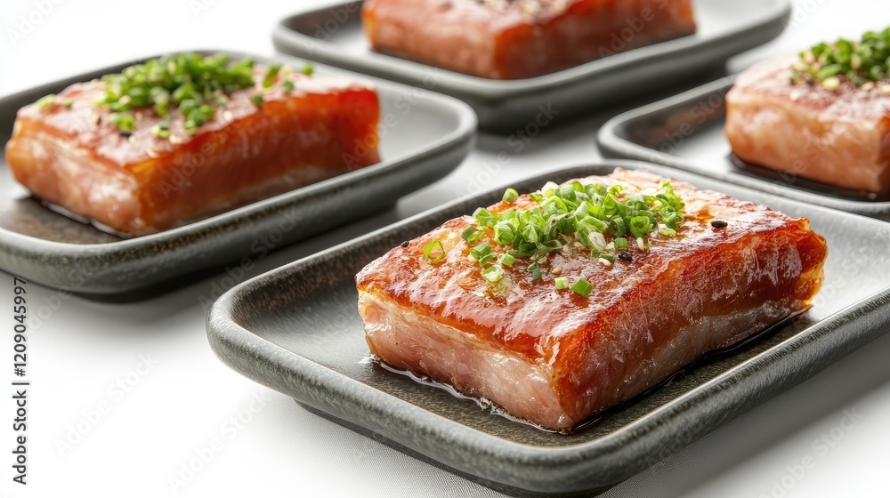 Pork belly pieces garnished with herbs on rectangular black ceramic plates against a white background, arranged for culinary presentation. Pork belly pieces garnished with herbs on rectangular black ceramic plates against a white background, arranged for culinary presentation.
