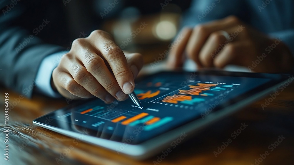Close-up of hands using stylus on tablet displaying financial data charts and graphs. Close-up of hands using stylus on tablet displaying financial data charts and graphs.