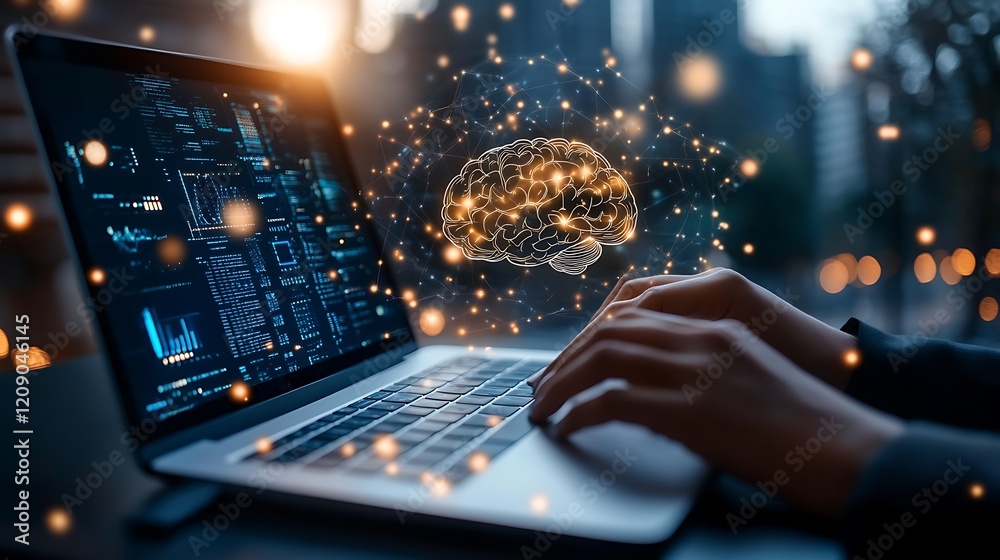Fototapeta premium A business professional using an AI technology on human brain hologram