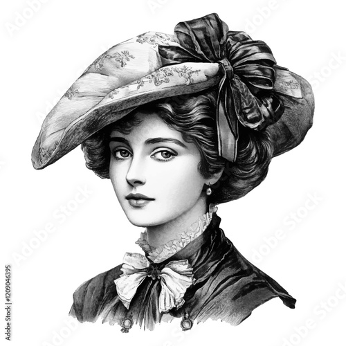Vintage Portrait of an Elegant Woman in Edwardian Hat and Attire, Black and White Engraving, isolated with transparent background