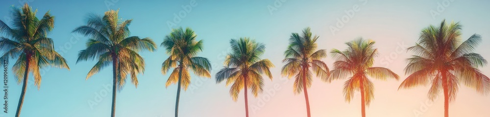 Obraz premium Tropical Palm Trees at Sunset Against Blue Sky Summer Vacation Background