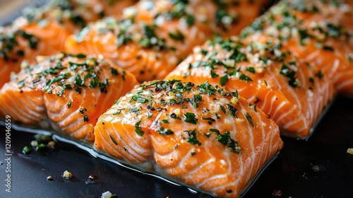 Baked salmon fillets, herbs, close-up, kitchen, food blog photo