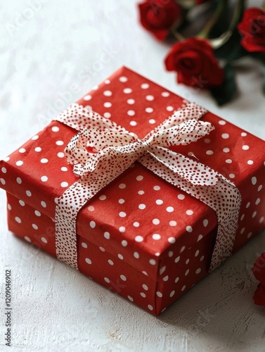 A beautifully wrapped red gift box with white polka dots and a delicate ribbon, surrounded by red roses, perfect for special occasions.