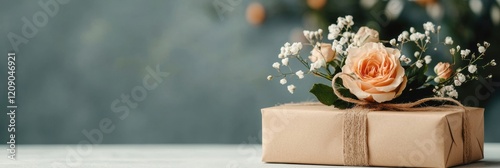 A beautifully wrapped gift with a pink rose and delicate flowers, set against a soft, blurred background.