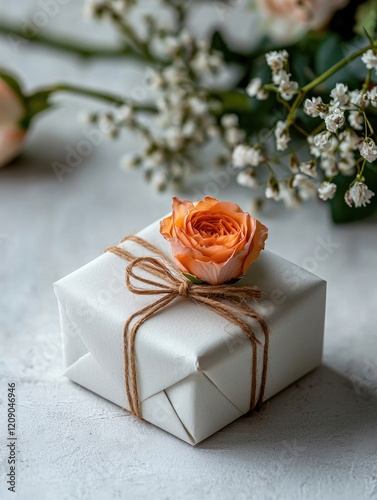 A beautifully wrapped gift adorned with a delicate orange rose and twine, surrounded by soft floral accents.