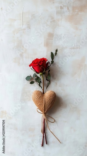 A beautiful red rose with leaves, attached to a burlap heart, symbolizing love and affection against a soft, neutral background.