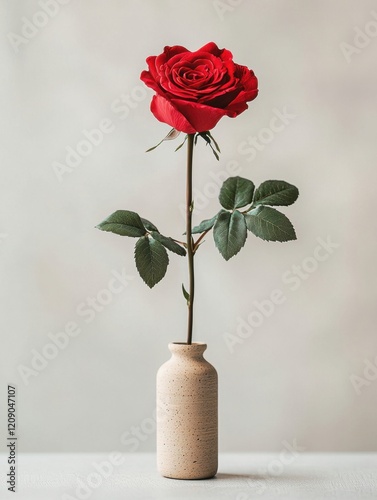 A single red rose stands elegantly in a simple vase, showcasing its vibrant color and delicate leaves against a soft backdrop.