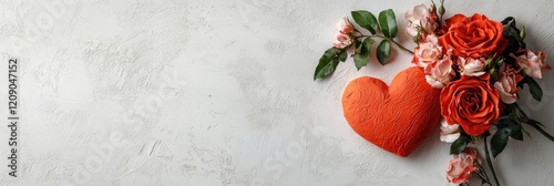 A vibrant orange heart next to a bouquet of roses on a textured background, symbolizing love and affection.