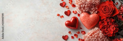 A romantic arrangement of red roses, hearts, and floral decorations, perfect for celebrating love and special occasions.