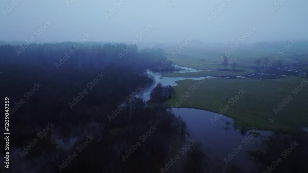 Drone of Sventāja River's overflow on a misty morning, Latvia-Lithuania border